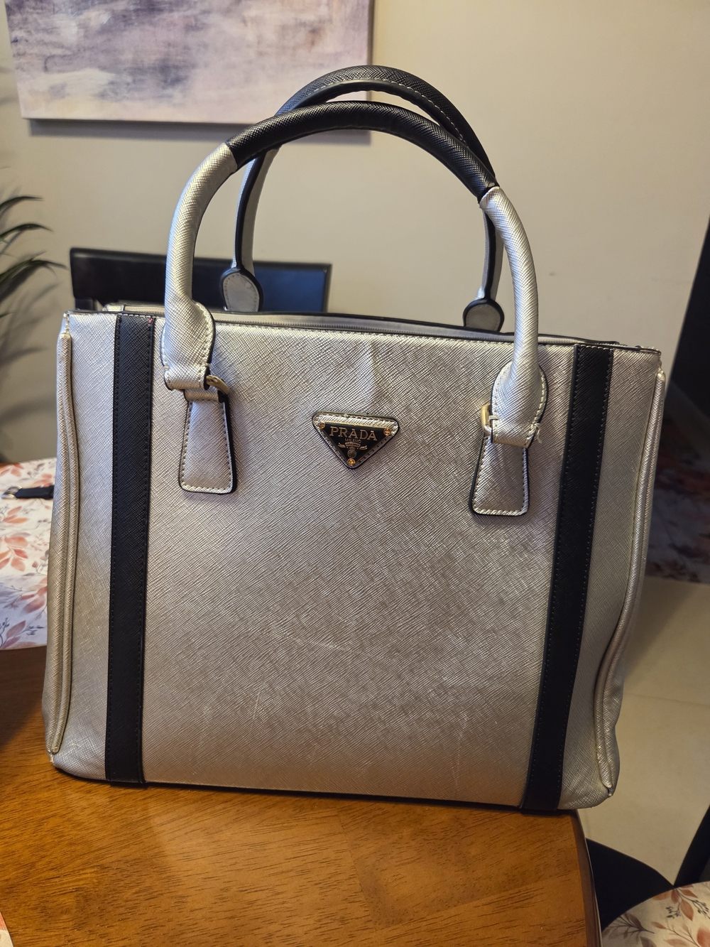 Prada Metallic Silver and Black Saffiano Leather Tote